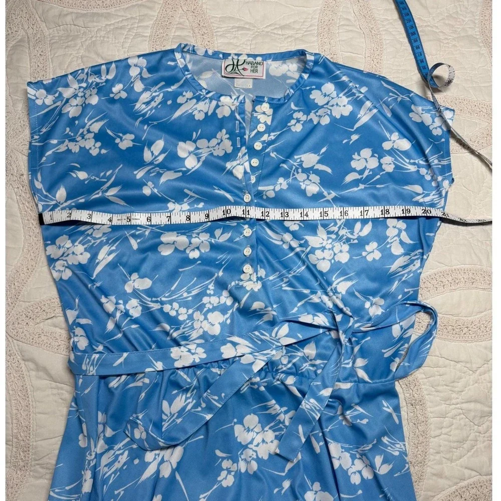 Vintage Haband For Her‎ Midi Dress Blue White Floral Cottagecore Belted Large